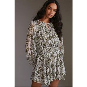 MISA | Mercy Abstract Ikat Print Long Sleeve Mini Dress in Moss, Size XS
